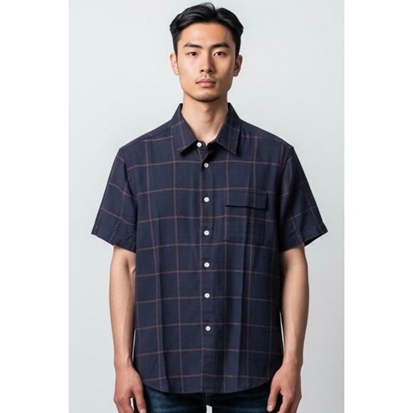 Saturdays New York City Navy Maroon Large Plaid Button Down Camp Shirt - S - Picture 1 of 7